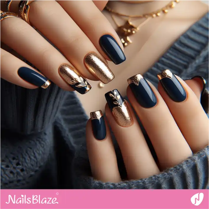 Luxury Navy Blue and Gold Nails | Foil Nails - NB4095